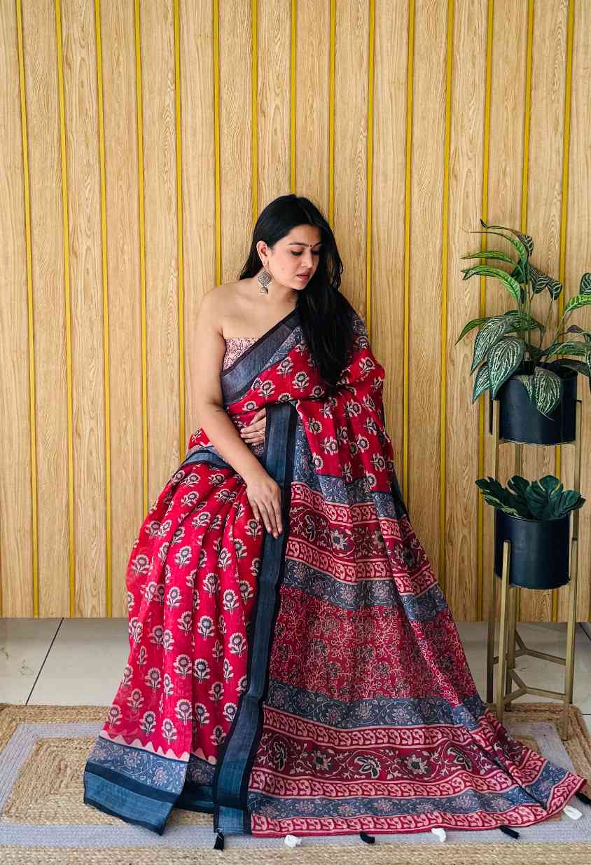 Premium Soft Linen Cotton Saree with Digital Batik Print & Silver Woven Border YNF