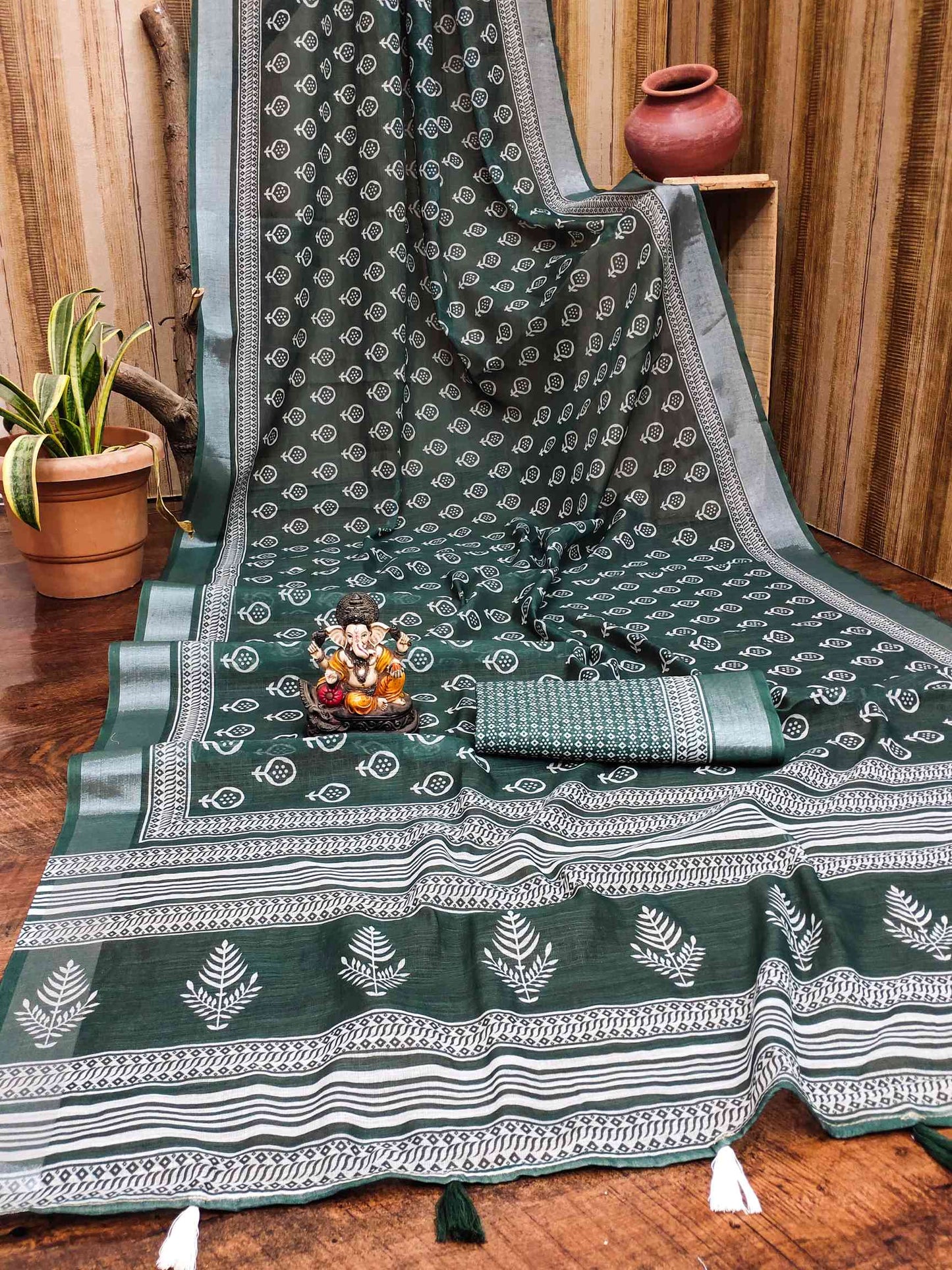 Premium Soft Linen Cotton Saree with Digital Batik Print & Silver Woven Border YNF