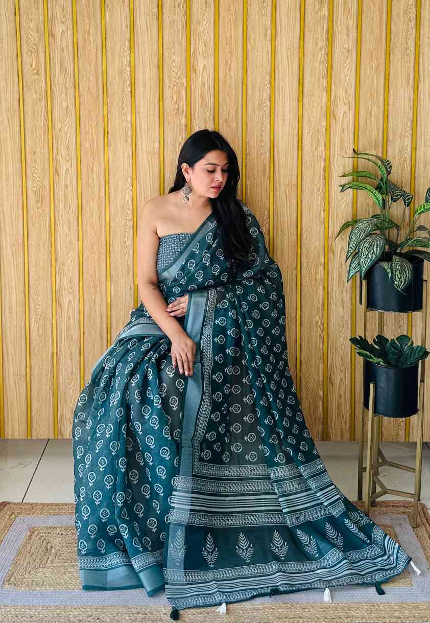 Premium Soft Linen Cotton Saree with Digital Batik Print & Silver Woven Border YNF