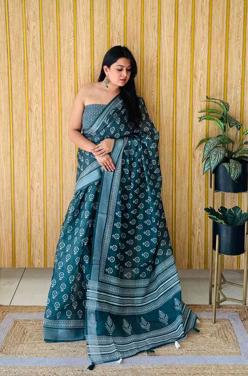 Premium Soft Linen Cotton Saree with Digital Batik Print & Silver Woven Border YNF