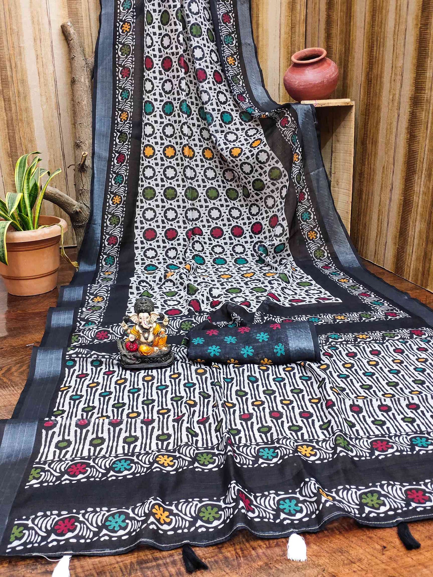 Premium Soft Linen Cotton Saree with Digital Batik Print & Silver Woven Border YNF