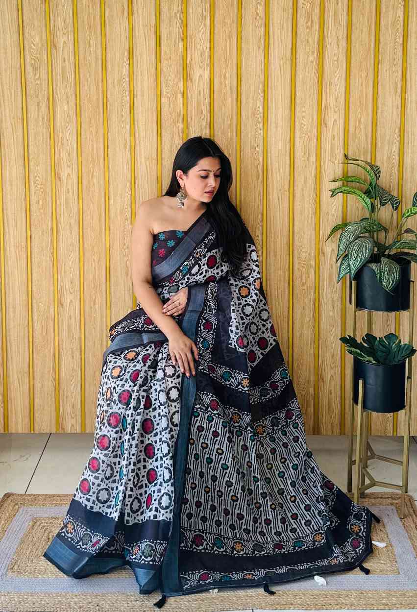 Premium Soft Linen Cotton Saree with Digital Batik Print & Silver Woven Border YNF