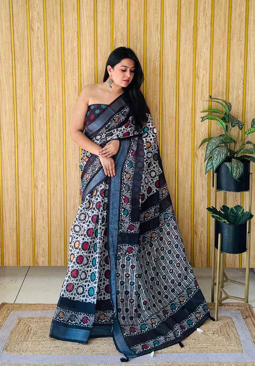 Premium Soft Linen Cotton Saree with Digital Batik Print & Silver Woven Border YNF