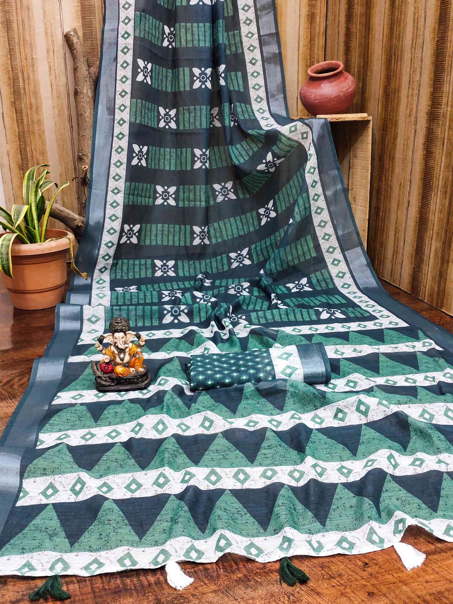Premium Soft Linen Cotton Saree with Digital Batik Print & Silver Woven Border YNF