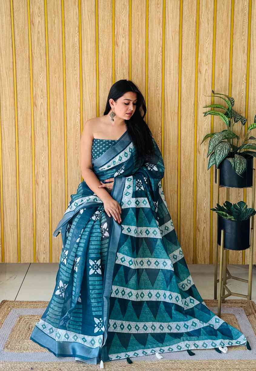 Premium Soft Linen Cotton Saree with Digital Batik Print & Silver Woven Border YNF