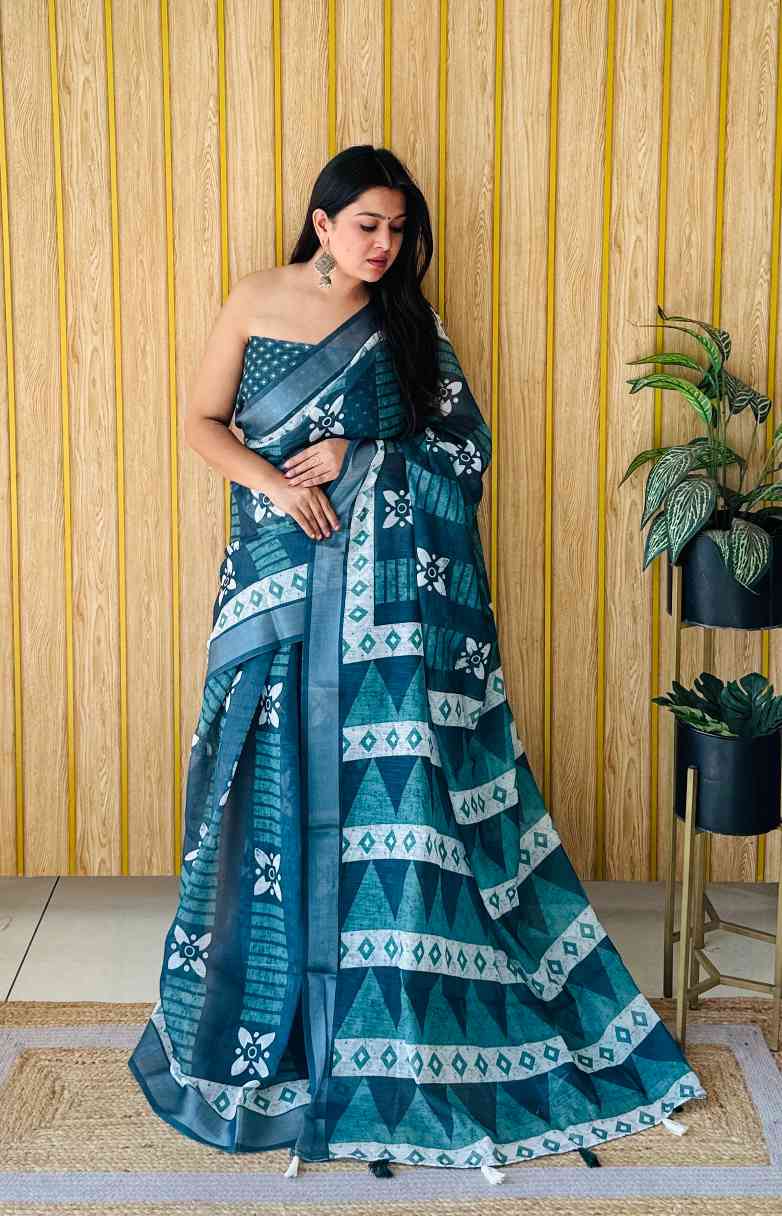 Premium Soft Linen Cotton Saree with Digital Batik Print & Silver Woven Border YNF