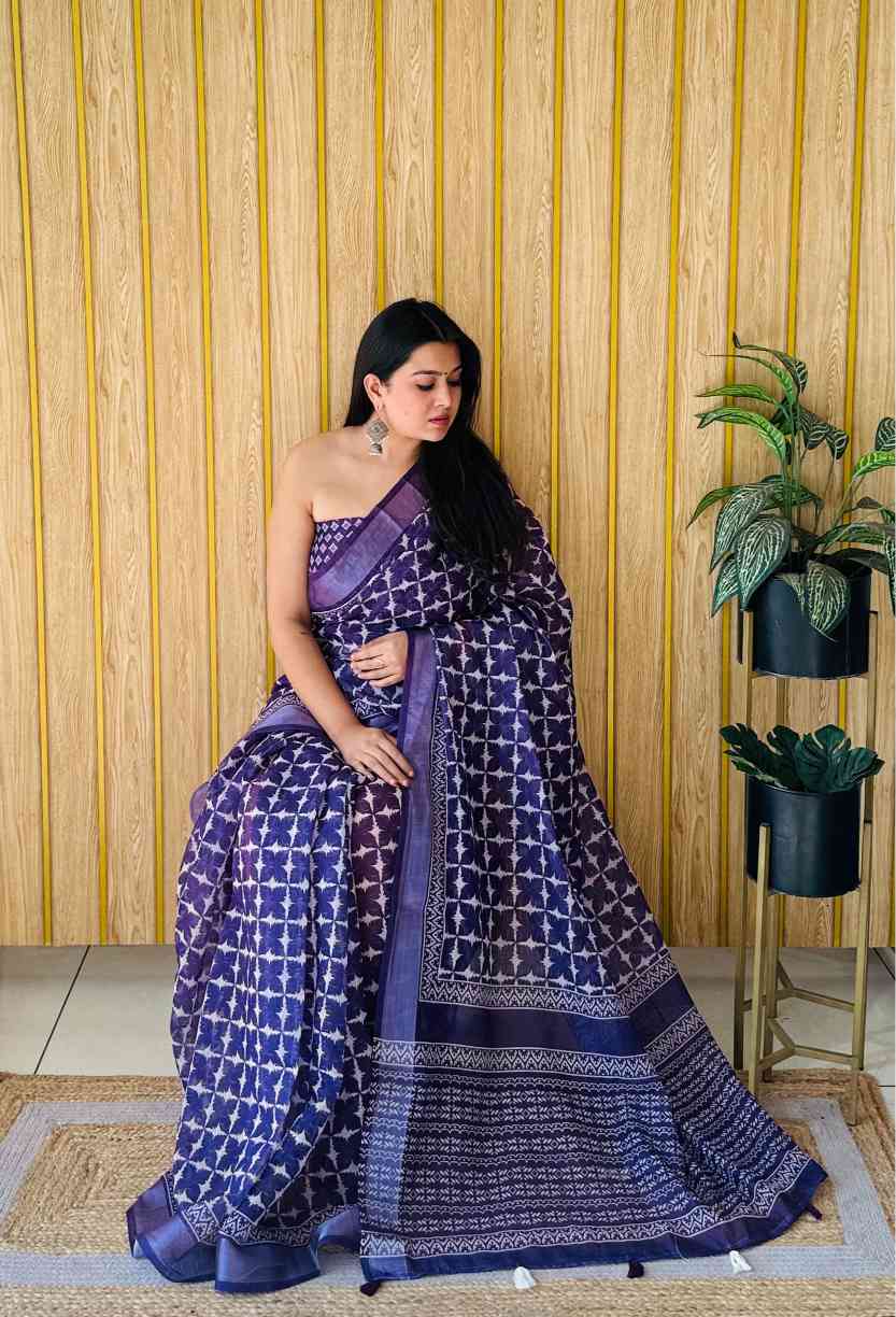 Premium Soft Linen Cotton Saree with Digital Batik Print & Silver Woven Border YNF