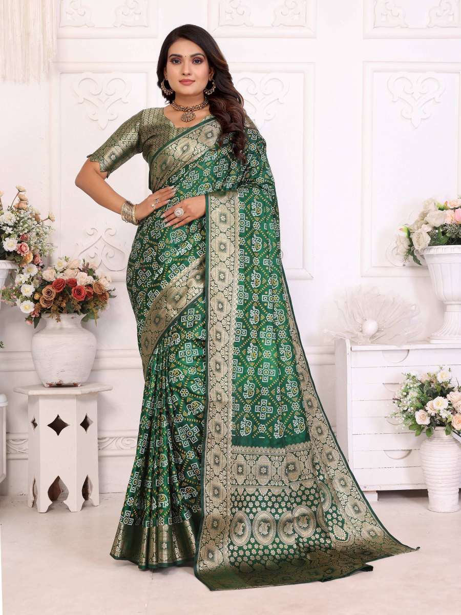 Elegant Soft Satin Silk Bandhej Print Saree with Allover Zari Weaving Border & Rich Pallu | Lightweight Partywear Saree with Blouse Piece YNF