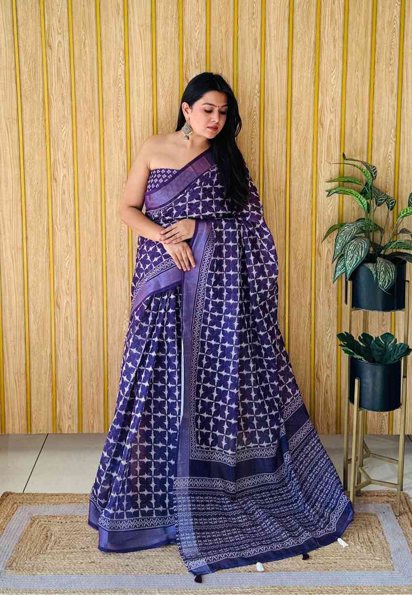 Premium Soft Linen Cotton Saree with Digital Batik Print & Silver Woven Border YNF