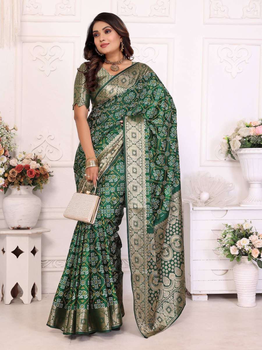 Elegant Soft Satin Silk Bandhej Print Saree with Allover Zari Weaving Border & Rich Pallu | Lightweight Partywear Saree with Blouse Piece YNF