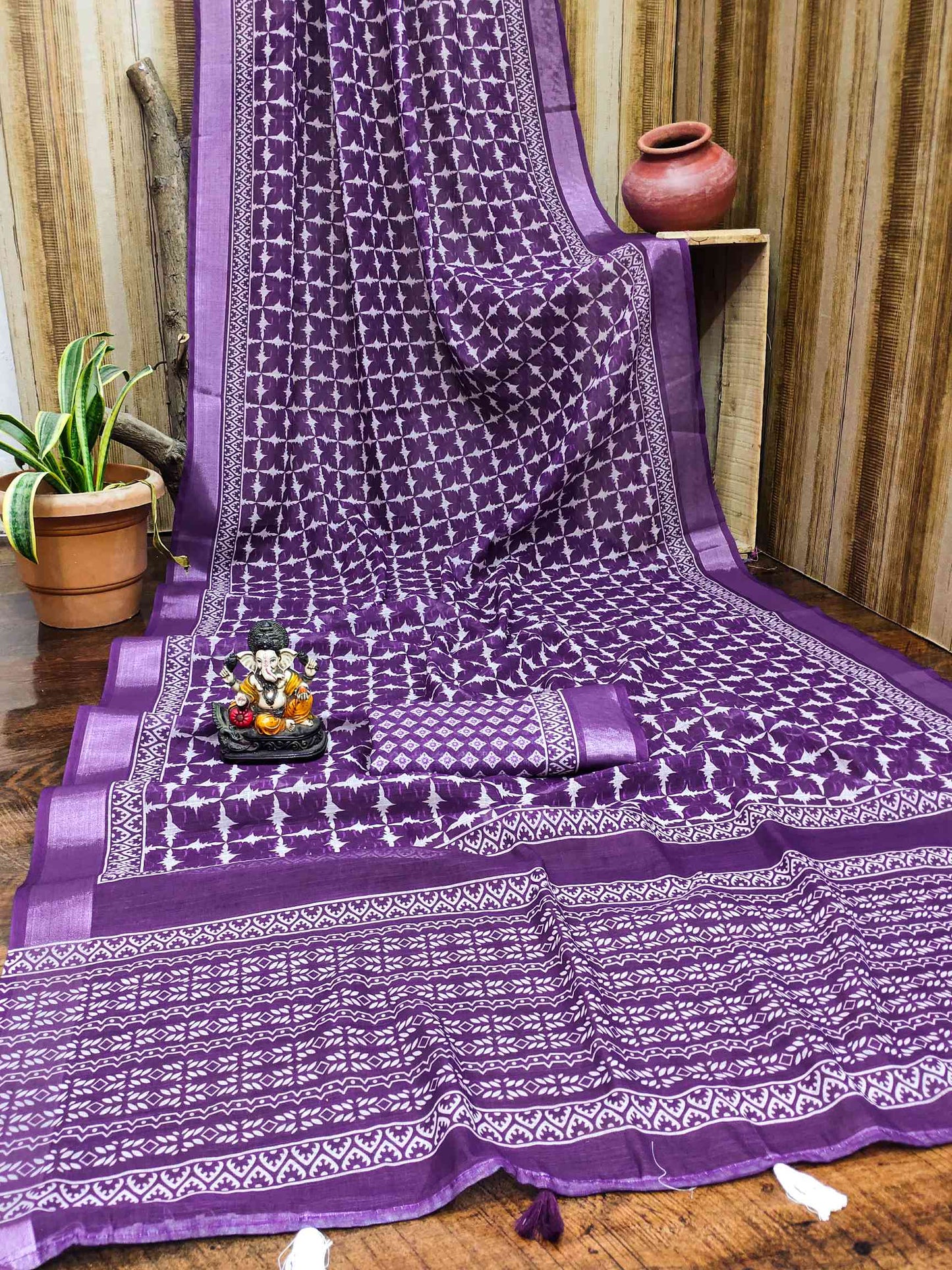 Premium Soft Linen Cotton Saree with Digital Batik Print & Silver Woven Border YNF