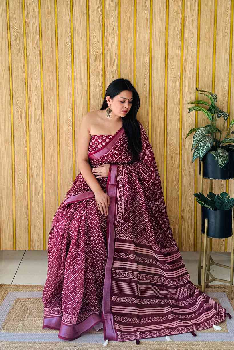 Premium Soft Linen Cotton Saree with Digital Batik Print & Silver Woven Border YNF
