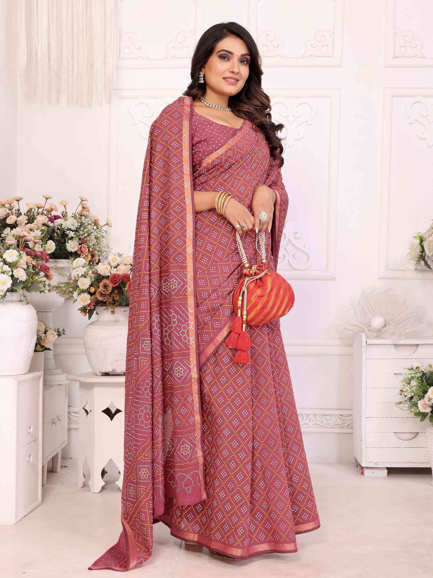 Premium Soft Cotton Patola Bandhej Saree with Dual Colour Print & Zari Border YNF