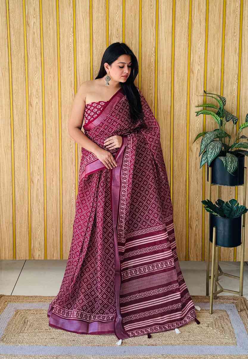 Premium Soft Linen Cotton Saree with Digital Batik Print & Silver Woven Border YNF