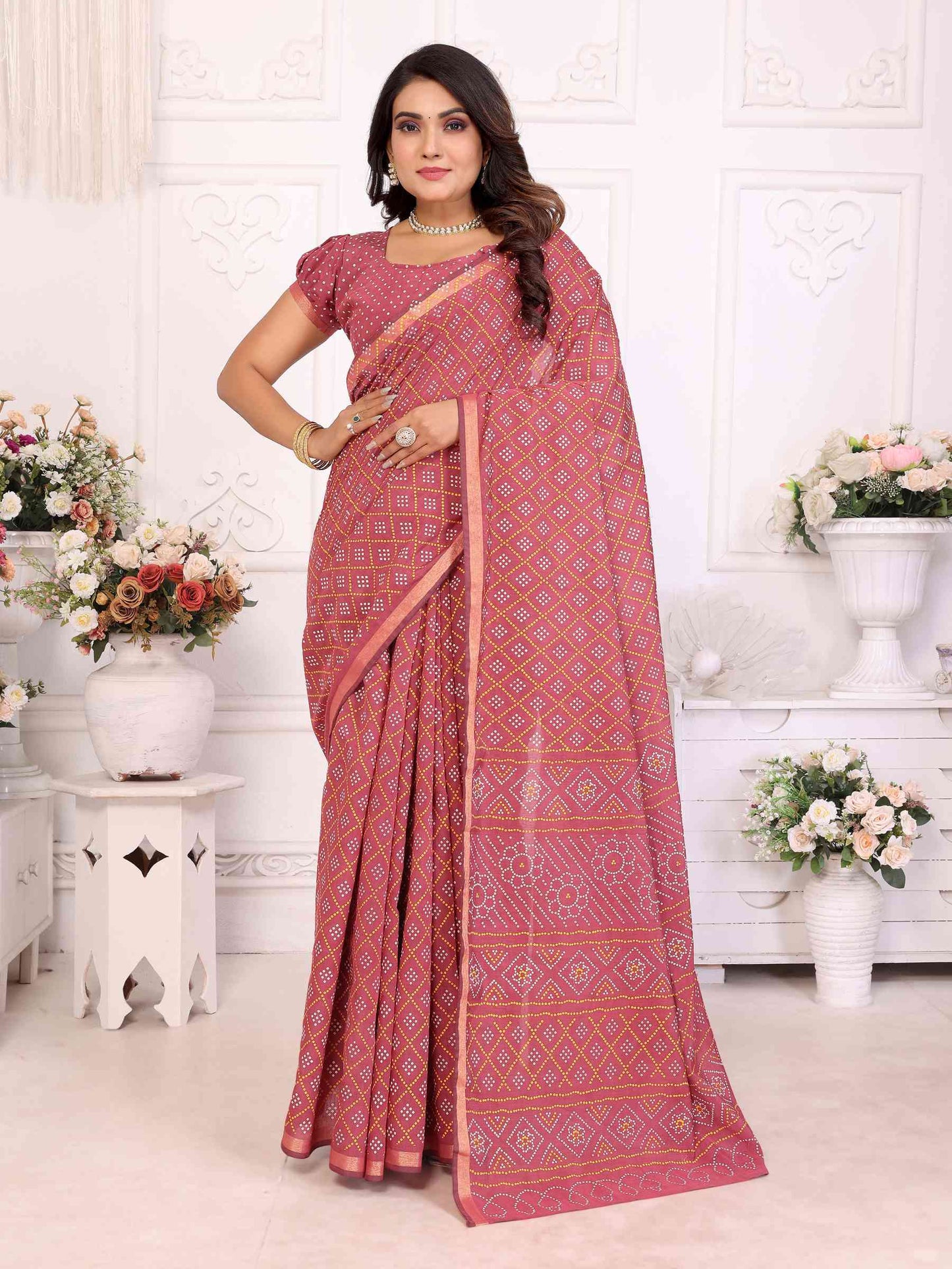 Premium Soft Cotton Patola Bandhej Saree with Dual Colour Print & Zari Border YNF