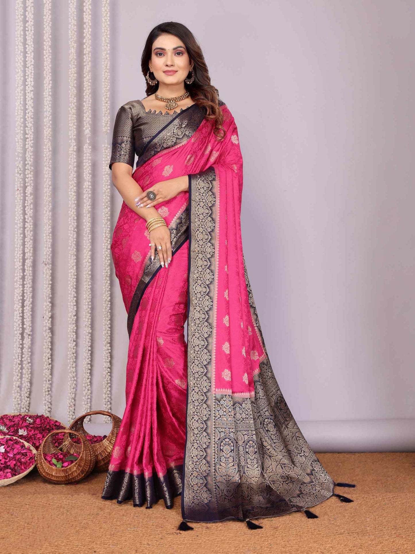 Handloom Satin Silk Saree with Zari Butta Work & Contrast Woven Borders YNF
