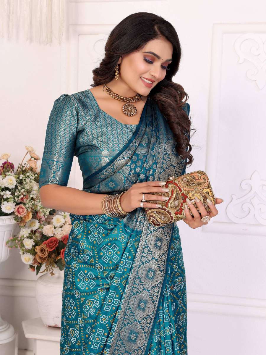 Elegant Soft Satin Silk Bandhej Print Saree with Allover Zari Weaving Border & Rich Pallu | Lightweight Partywear Saree with Blouse Piece YNF