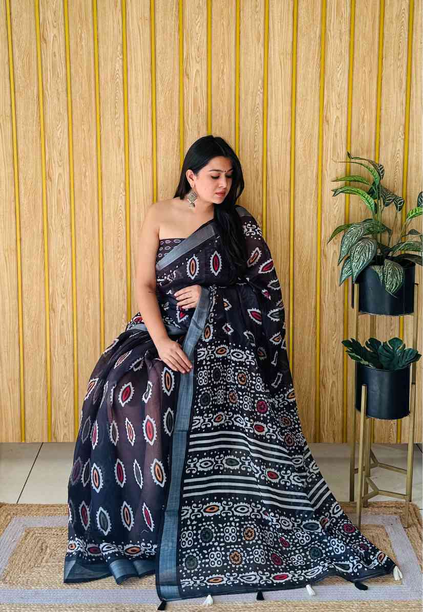 Premium Soft Linen Cotton Saree with Digital Batik Print & Silver Woven Border YNF
