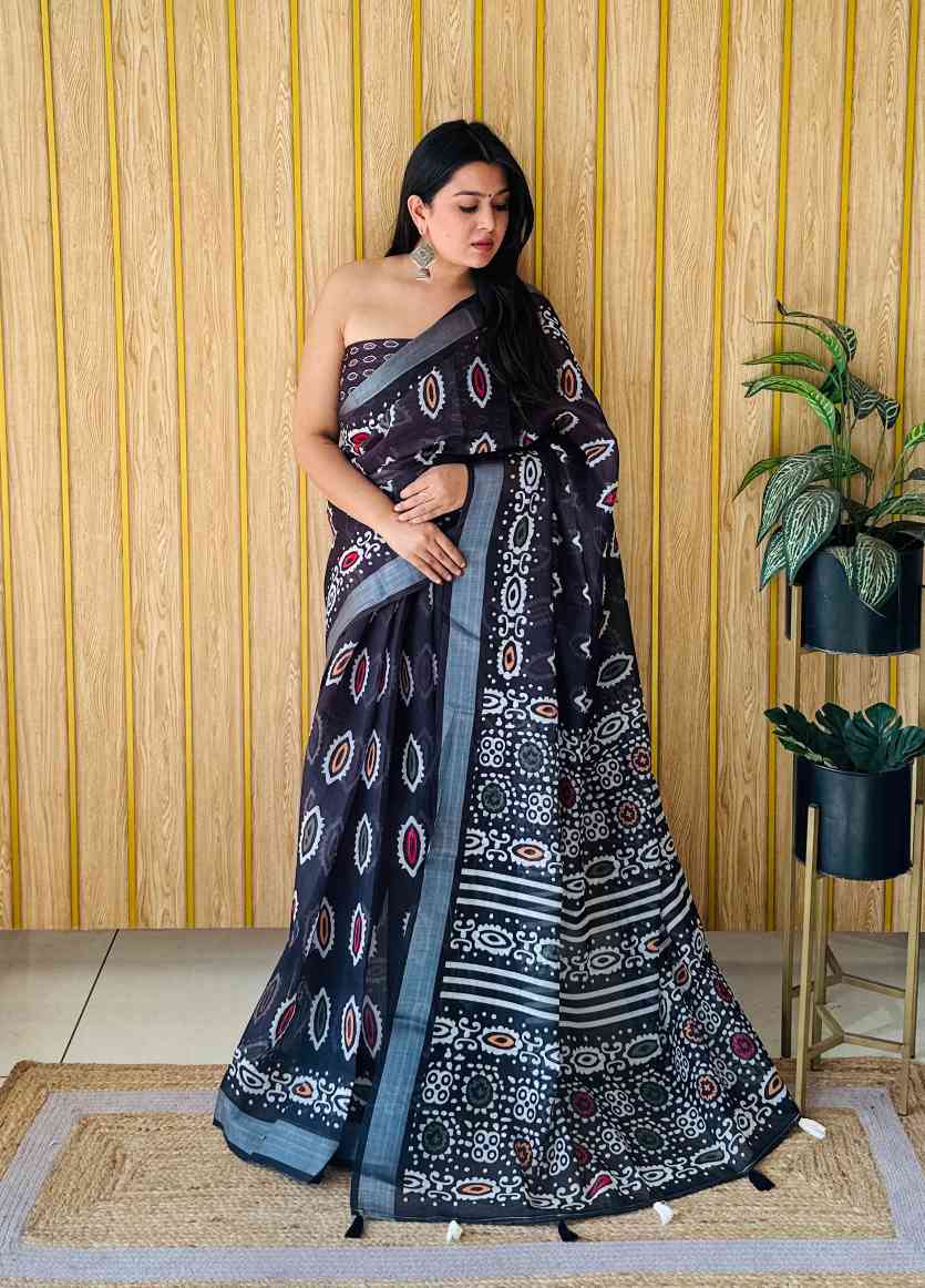 Premium Soft Linen Cotton Saree with Digital Batik Print & Silver Woven Border YNF