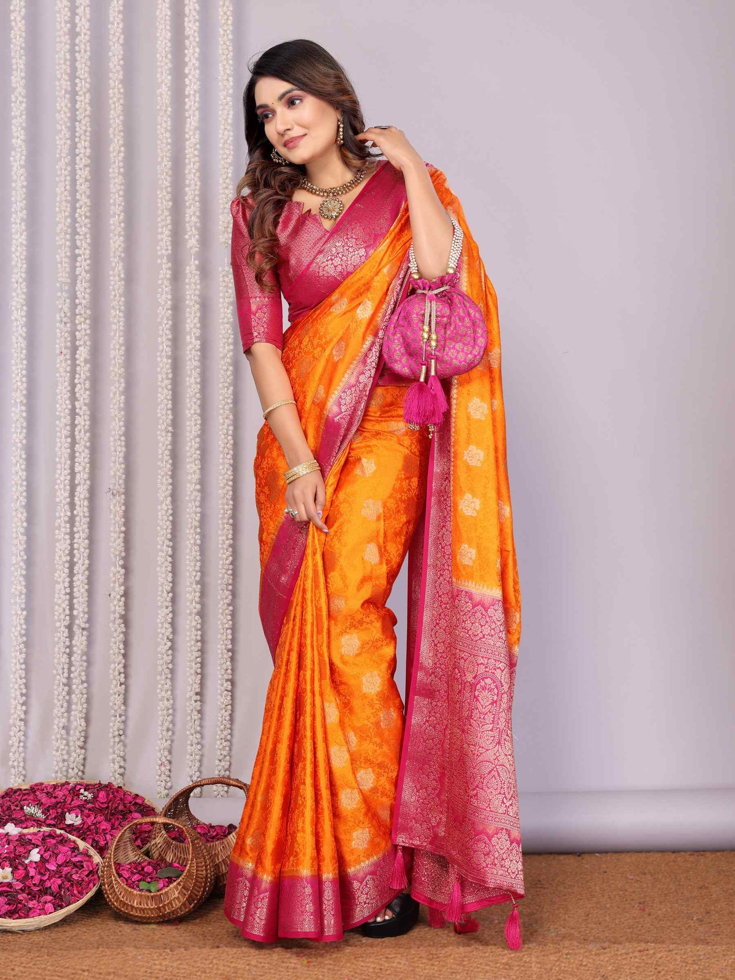 Handloom Satin Silk Saree with Zari Butta Work & Contrast Woven Borders YNF