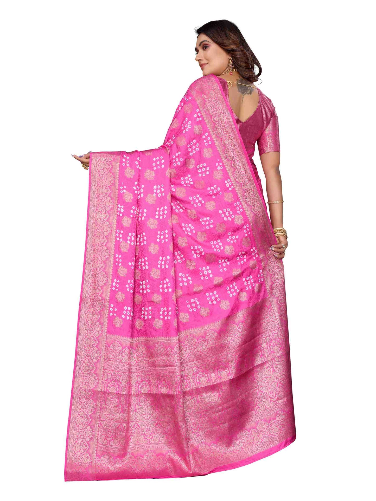 Premium Pure Bandhej Satin Silk Saree with Zari Weaving Butta & Rich Pallu YNF