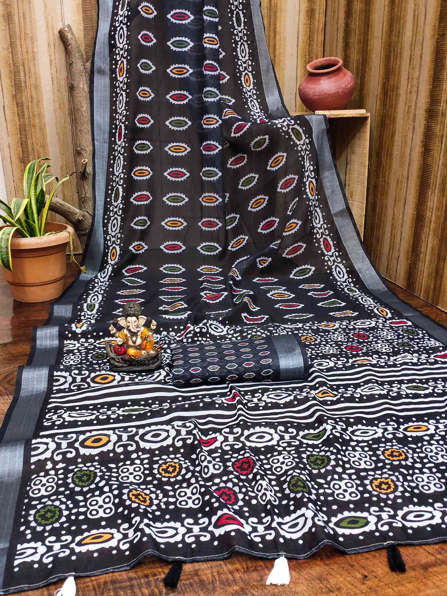 Premium Soft Linen Cotton Saree with Digital Batik Print & Silver Woven Border YNF