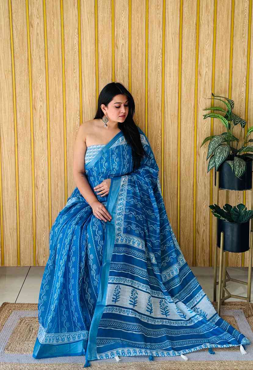 Premium Soft Linen Cotton Saree with Digital Batik Print & Silver Woven Border YNF