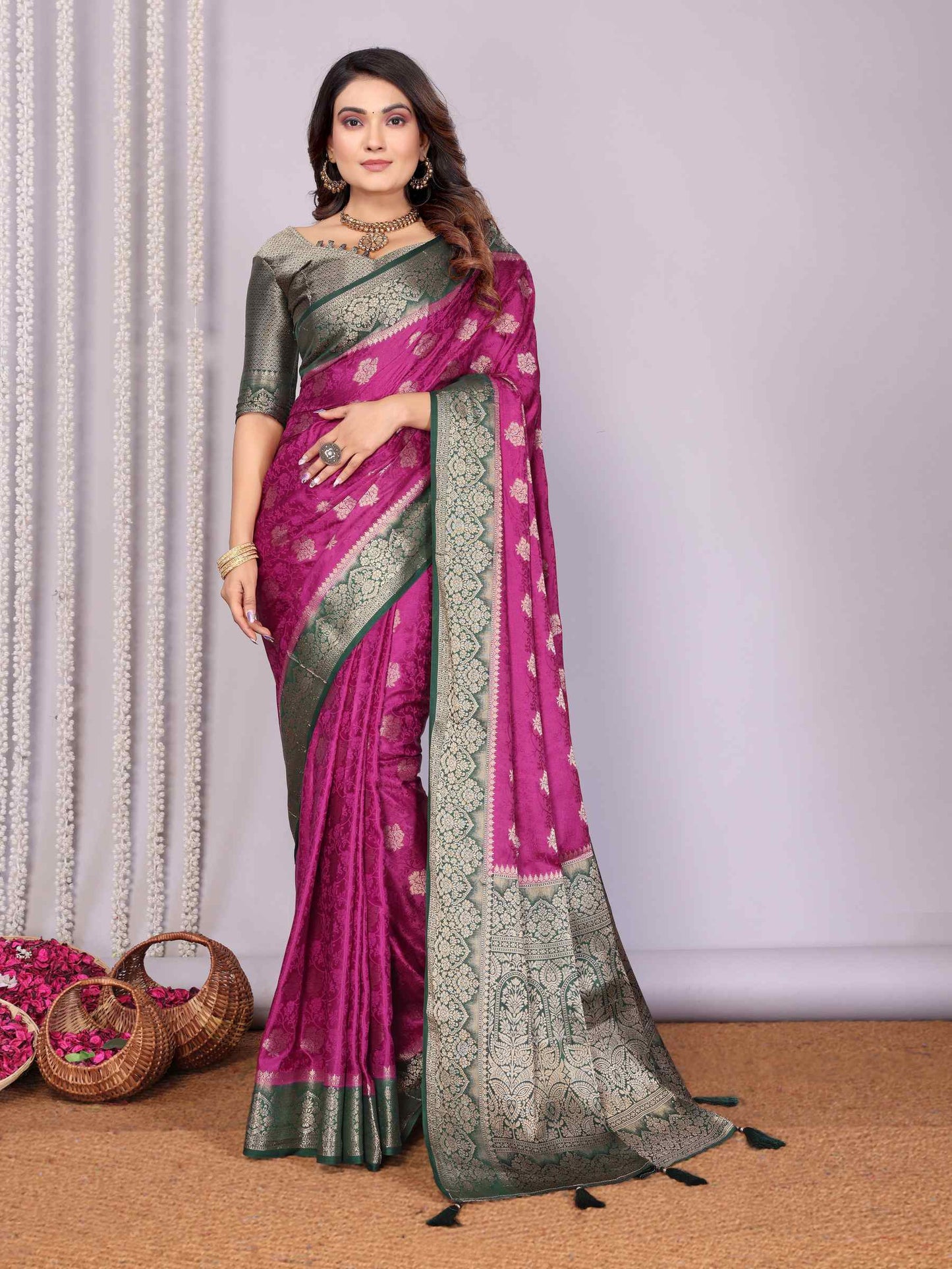 Handloom Satin Silk Saree with Zari Butta Work & Contrast Woven Borders YNF