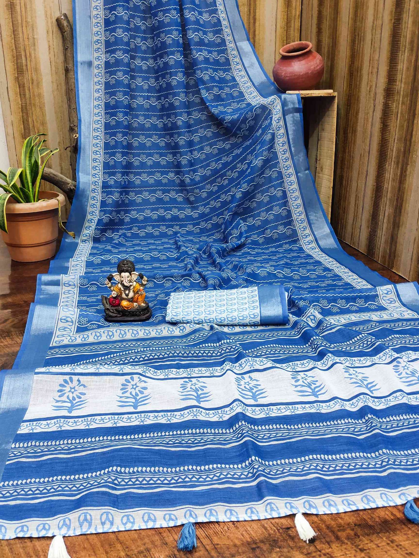 Premium Soft Linen Cotton Saree with Digital Batik Print & Silver Woven Border YNF