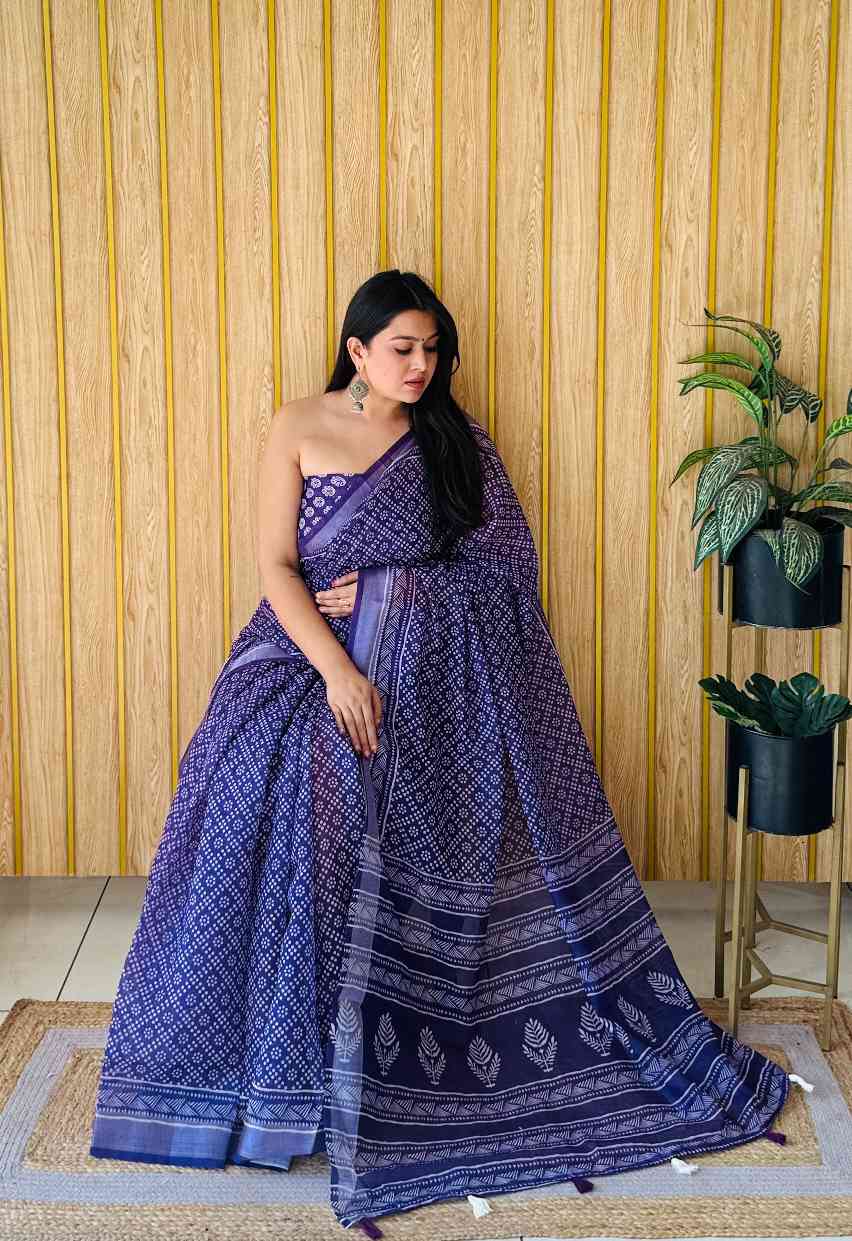 Premium Soft Linen Cotton Saree with Digital Batik Print & Silver Woven Border YNF