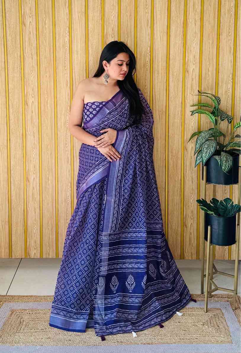 Premium Soft Linen Cotton Saree with Digital Batik Print & Silver Woven Border YNF