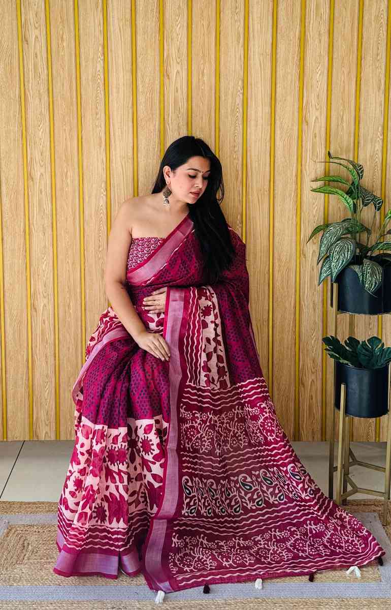 Premium Soft Linen Cotton Saree with Digital Batik Print & Silver Woven Border YNF