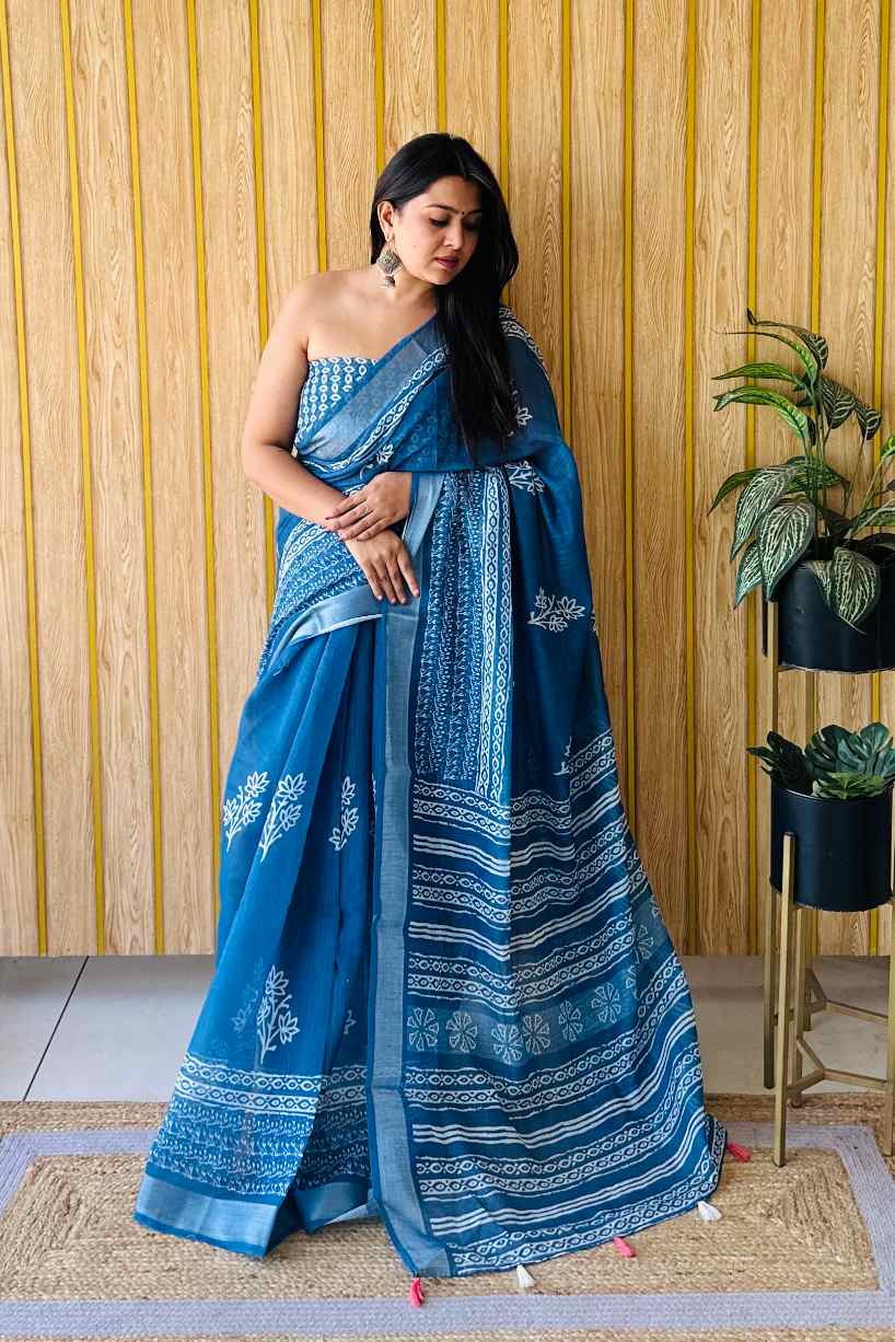 Premium Soft Linen Cotton Saree with Digital Batik Print & Silver Woven Border YNF