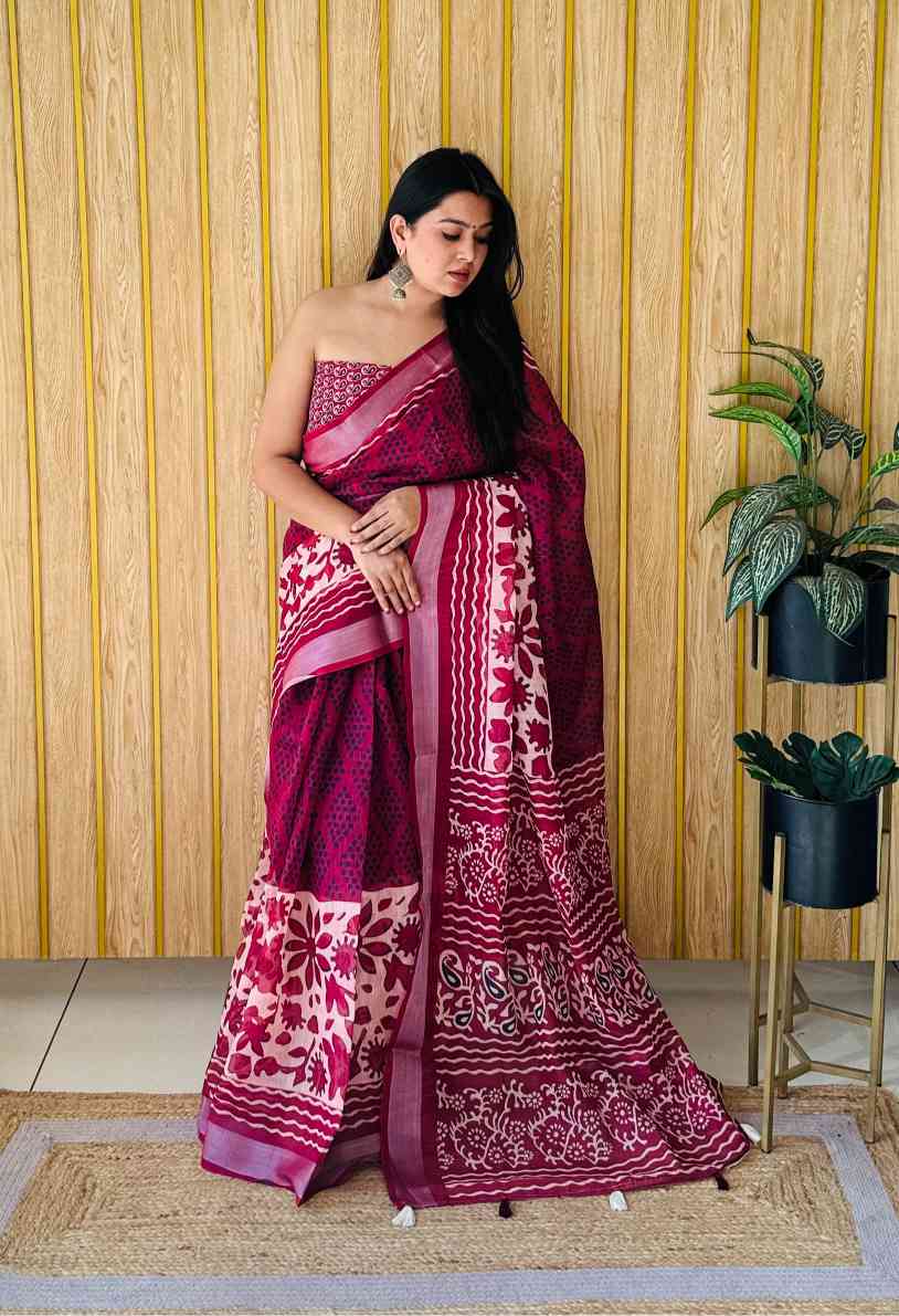 Premium Soft Linen Cotton Saree with Digital Batik Print & Silver Woven Border YNF