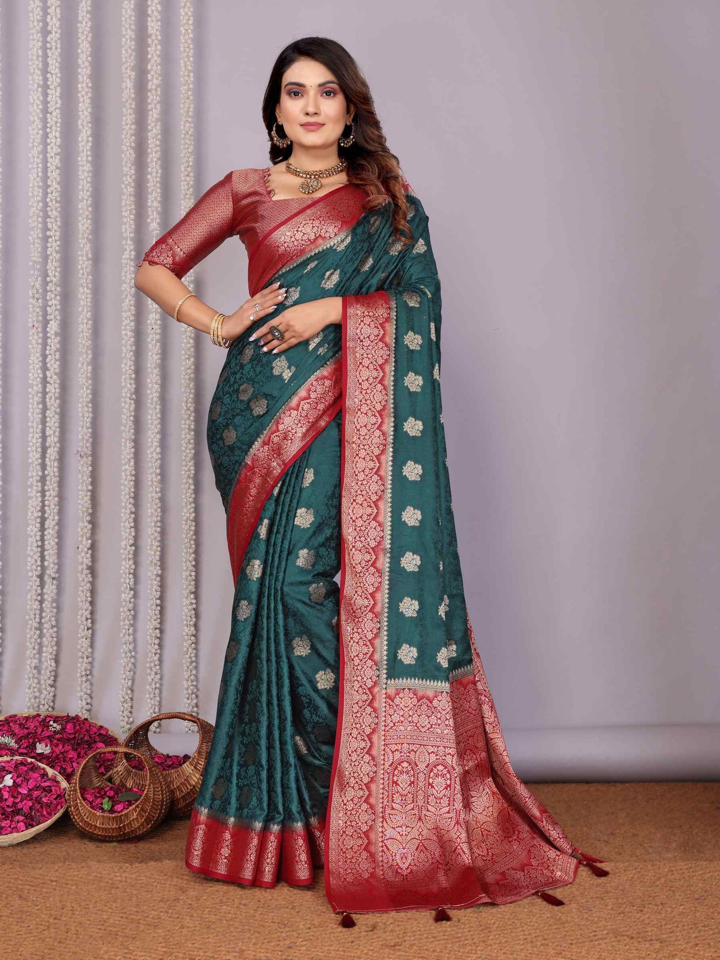 Handloom Satin Silk Saree with Zari Butta Work & Contrast Woven Borders YNF
