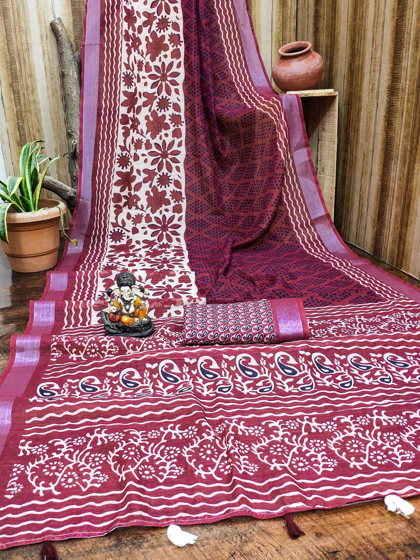 Premium Soft Linen Cotton Saree with Digital Batik Print & Silver Woven Border YNF