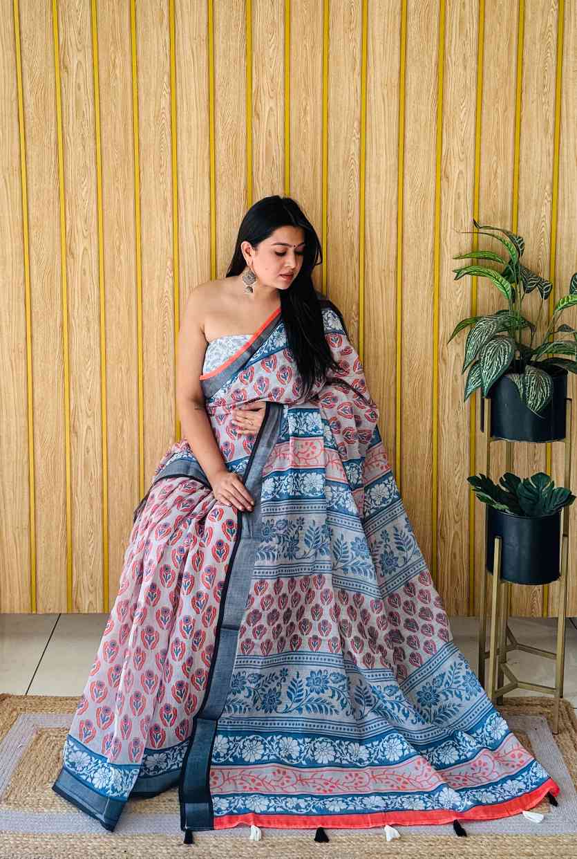 Premium Soft Linen Cotton Saree with Digital Batik Print & Silver Woven Border YNF