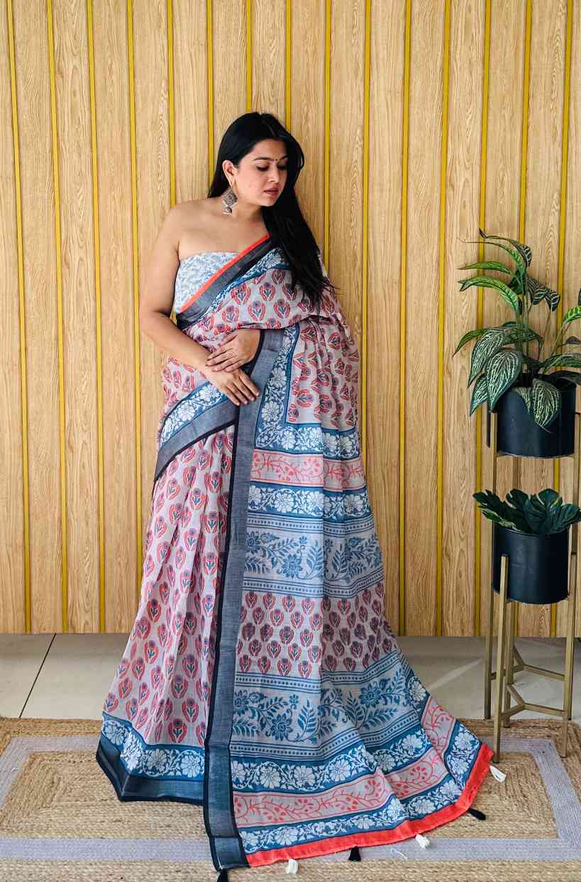 Premium Soft Linen Cotton Saree with Digital Batik Print & Silver Woven Border YNF