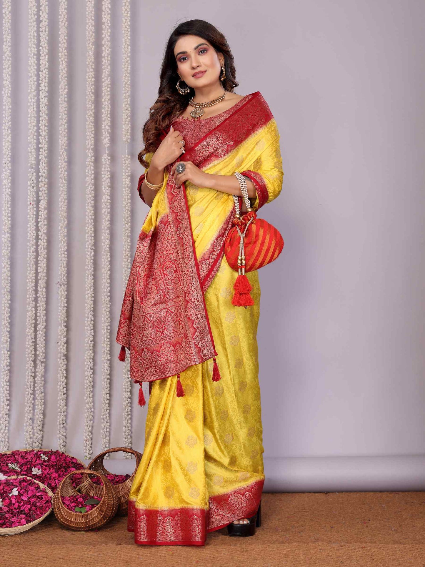Handloom Satin Silk Saree with Zari Butta Work & Contrast Woven Borders YNF