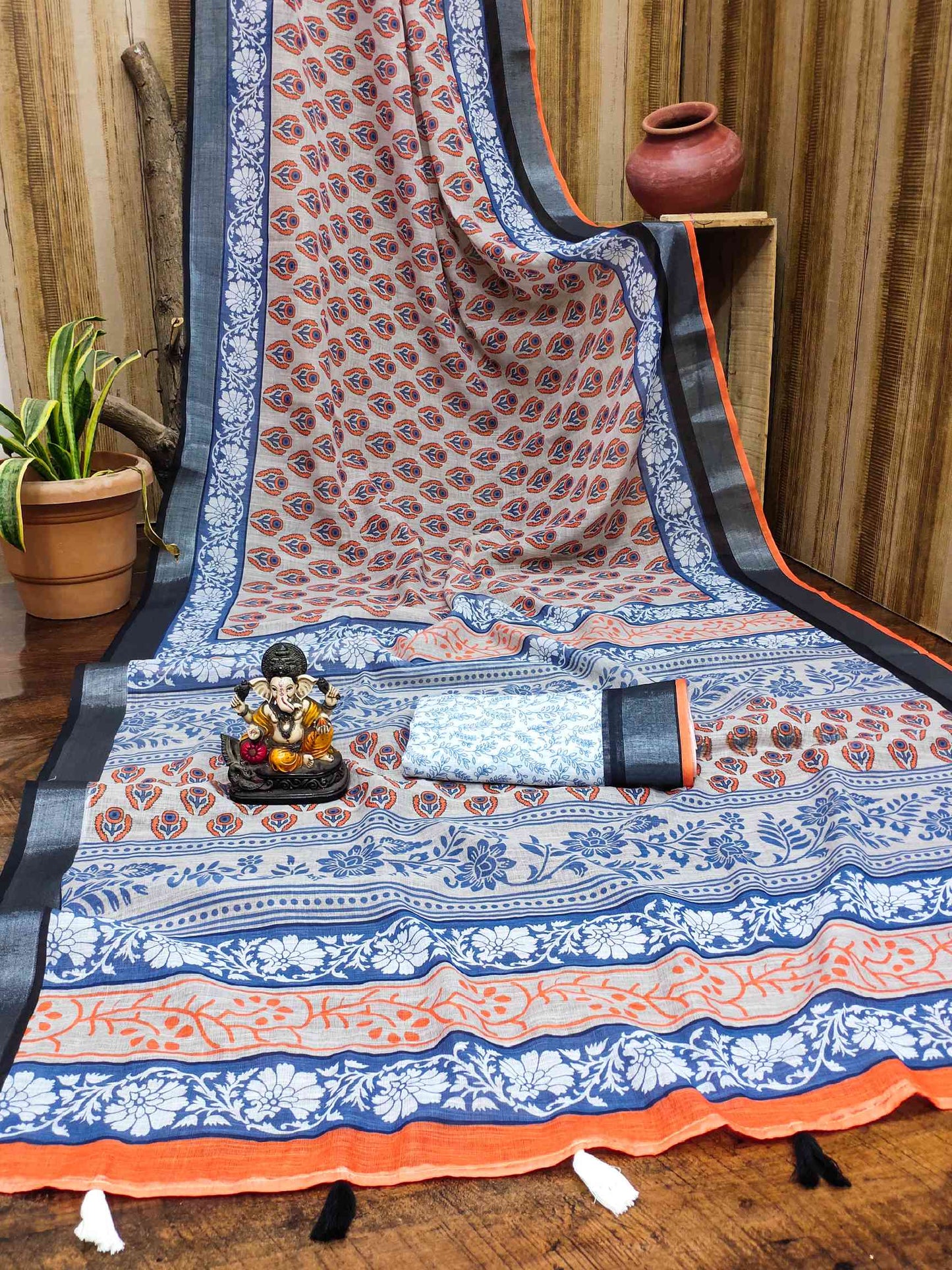 Premium Soft Linen Cotton Saree with Digital Batik Print & Silver Woven Border YNF