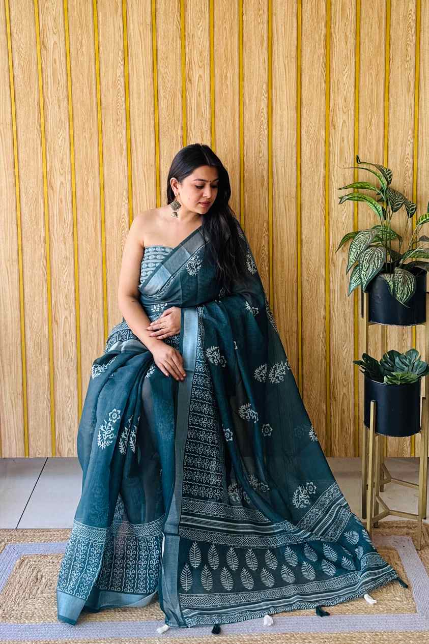 Premium Soft Linen Cotton Saree with Digital Batik Print & Silver Woven Border YNF
