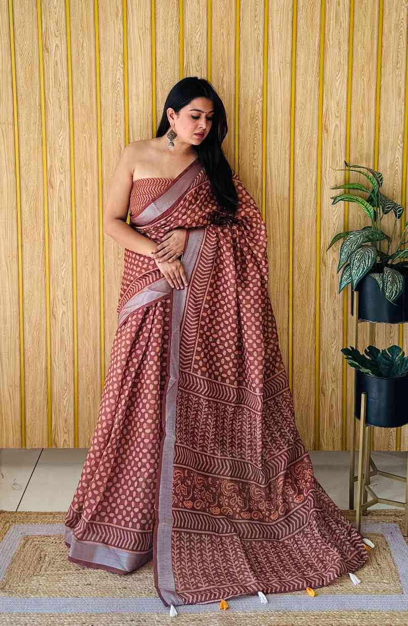 Premium Soft Linen Cotton Saree with Digital Batik Print & Silver Woven Border YNF