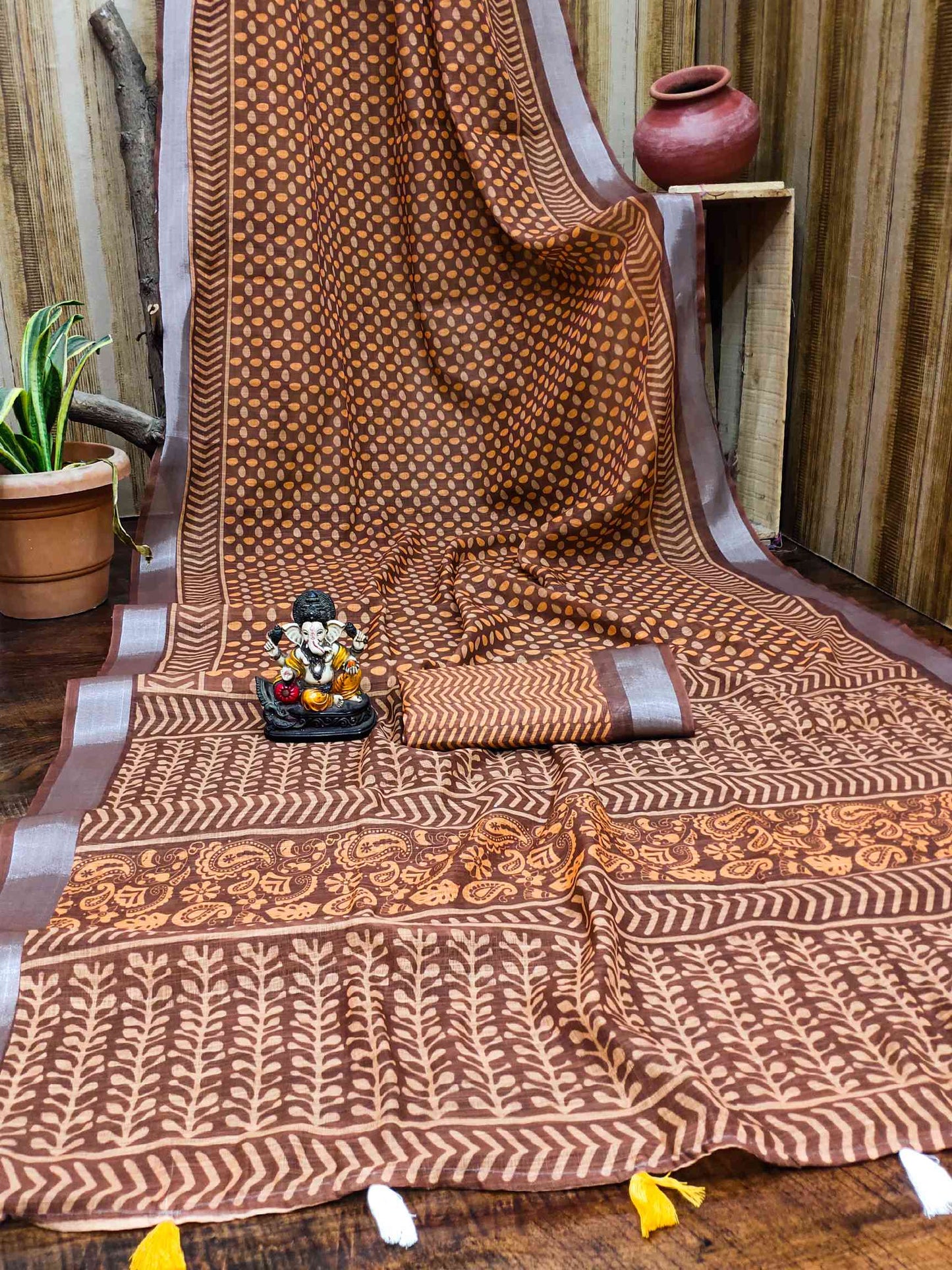 Premium Soft Linen Cotton Saree with Digital Batik Print & Silver Woven Border YNF