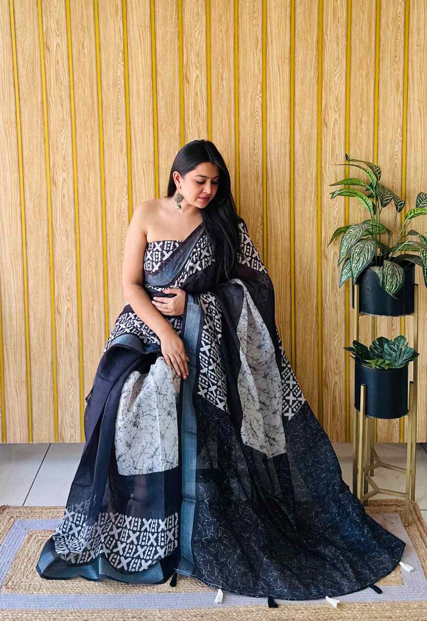 Premium Soft Linen Cotton Saree with Digital Batik Print & Silver Woven Border YNF