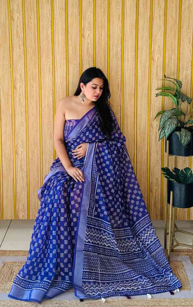 Premium Soft Linen Cotton Saree with Digital Batik Print & Silver Woven Border YNF