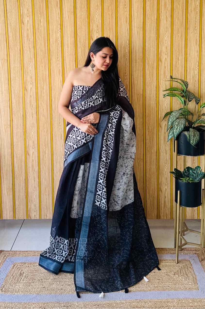 Premium Soft Linen Cotton Saree with Digital Batik Print & Silver Woven Border YNF