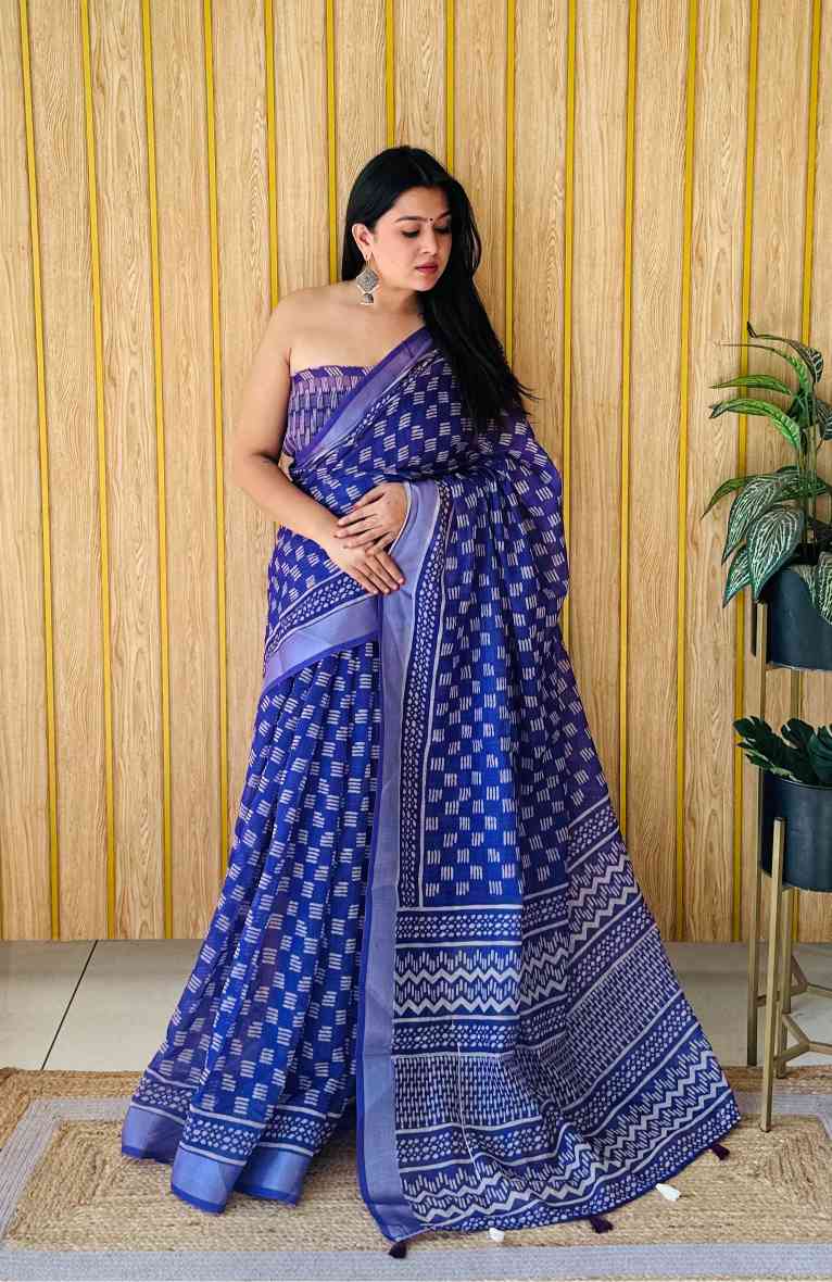 Premium Soft Linen Cotton Saree with Digital Batik Print & Silver Woven Border YNF