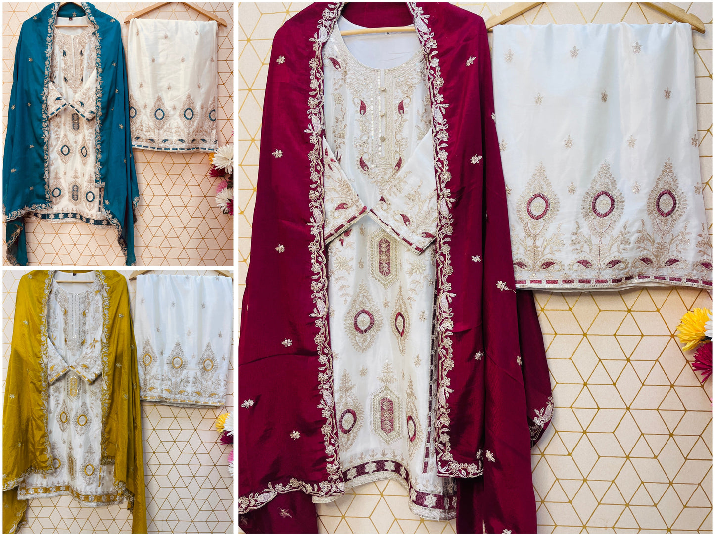 Pure Chinon Silk Suit Set with Embroidery Sequin Work | Fully Stitched Plazo Set with Dupatta YNF