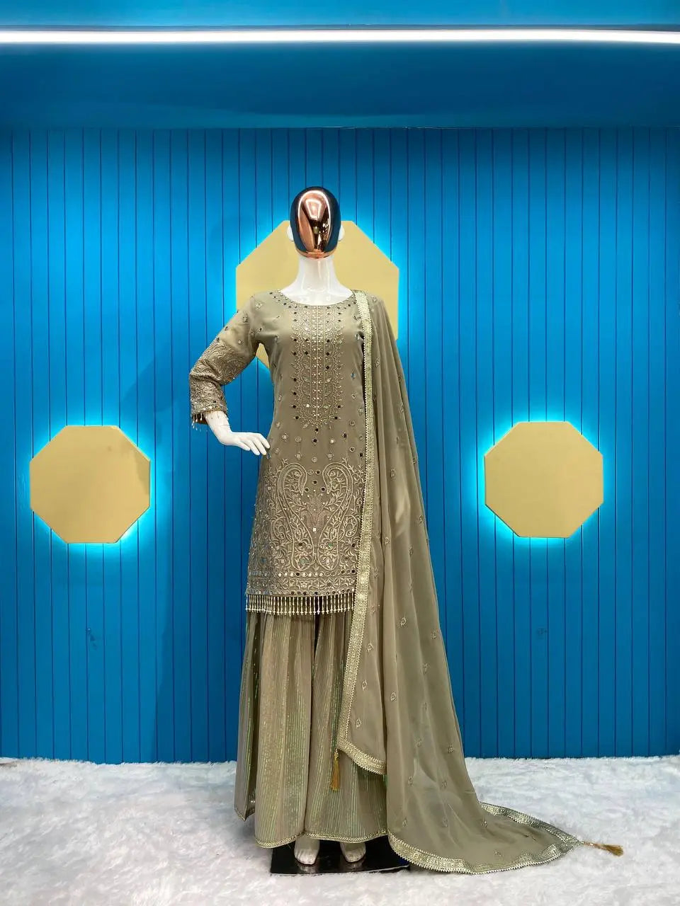 Elegant Georgette Suit Set with Sequins Embroidery, Gharara & Dupatta | Real Mirror Work YNF