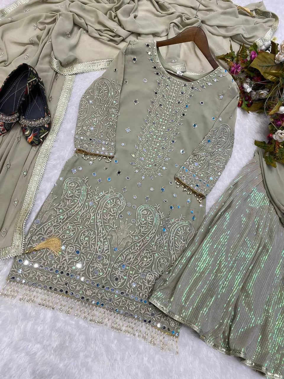 Elegant Georgette Suit Set with Sequins Embroidery, Gharara & Dupatta | Real Mirror Work YNF